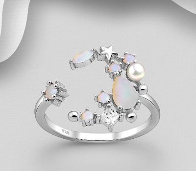 925 Sterling Silver Moon and Star Ring, Decorated with Simulated Pearl and CZ Simulated Diamonds
