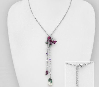 Şəkli böyütmək üçün tiklayın 925 Sterling Silver Butterfly Necklace, Decorated with Simulated Pearl and Colorful CZ Simulated Diamonds, Plated with Black Rhodium