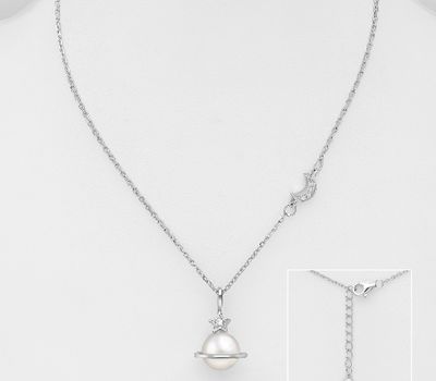 925 Sterling Silver Moon, Saturn and Star Necklace, Decorated with Simulated Pearl and CZ Simulated Diamonds