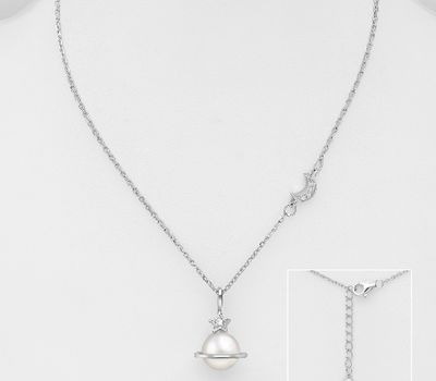 Şəkli böyütmək üçün tiklayın 925 Sterling Silver Moon, Saturn and Star Necklace, Decorated with Simulated Pearl and CZ Simulated Diamonds