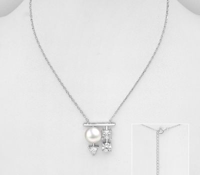 925 Sterling Silver Necklace, Decorated with Reconstructed Shell and CZ Simulated Diamonds