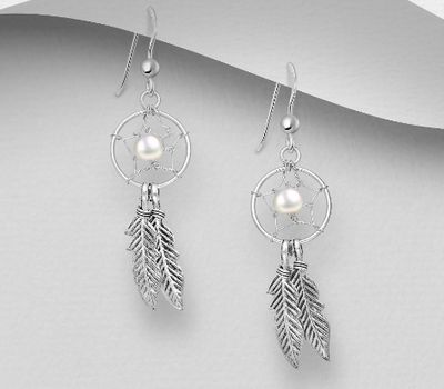 925 Sterling Silver Dream Catcher Hook Earrings Decorated With Simulated Pearl
