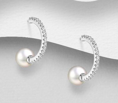 Malın səhifəsinə keç 925 Sterling Silver Push-Back Earrings, Decorated with Reconstructed Shell and CZ Simulated Diamonds
