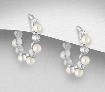 925 Sterling Silver Hoop Earrings, Decorated with Simulated Pearls and CZ Simulated Diamonds