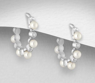 Malın səhifəsinə keç 925 Sterling Silver Hoop Earrings, Decorated with Simulated Pearls and CZ Simulated Diamonds