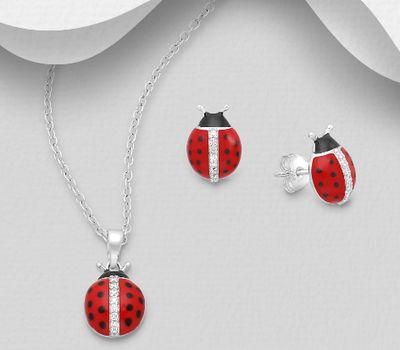 925 Sterling Silver set of Ladybug Earrings and Pendant Jewelry Set, Decorated with Colored Enamel & CZ Simulated Diamonds
