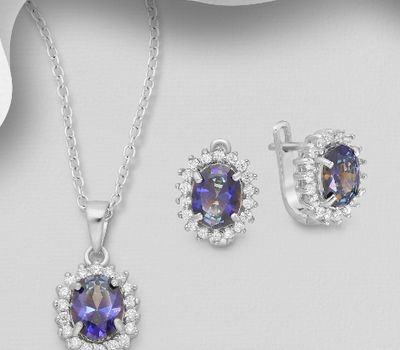 925 Sterling Silver Halo Omega Lock Earrings and Pendant Jewelry Set, Decorated with Lab-Created Mystic Topaz