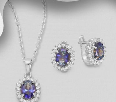 Şəkli böyütmək üçün tiklayın 925 Sterling Silver Halo Omega Lock Earrings and Pendant Jewelry Set, Decorated with Lab-Created Mystic Topaz
