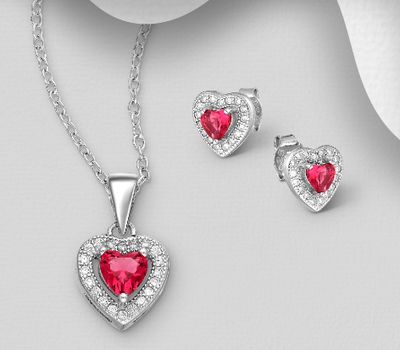 Şəkli böyütmək üçün tiklayın 925 Sterling Silver Heart Push-Back Earrings and Pendant Jewelry Set, Decorated with CZ Simulated Diamonds