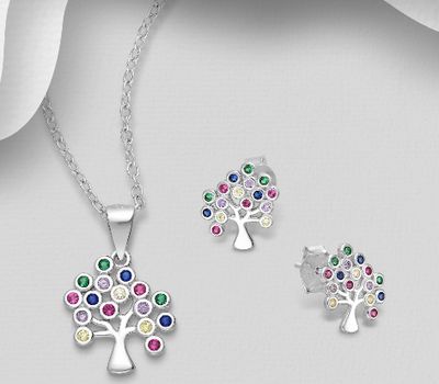 925 Sterling Silver Tree of Life Push-Back Earrings and Pendant Jewelry Set, Decorated with CZ Simulated Diamonds, Colors may vary