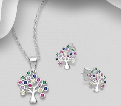 Şəkli böyütmək üçün tiklayın 925 Sterling Silver Tree of Life Push-Back Earrings and Pendant Jewelry Set, Decorated with CZ Simulated Diamonds, Colors may vary