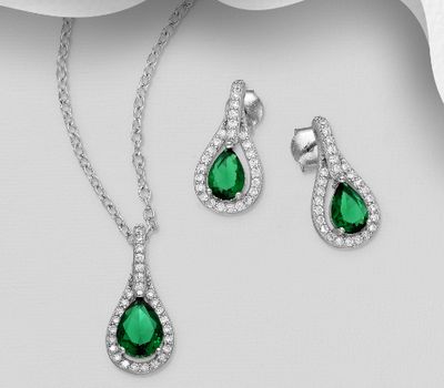 925 Sterling Silver Droplet Halo Push-Back Earrings and Pendant Jewelry Set, Decorated with CZ Simulated Diamonds