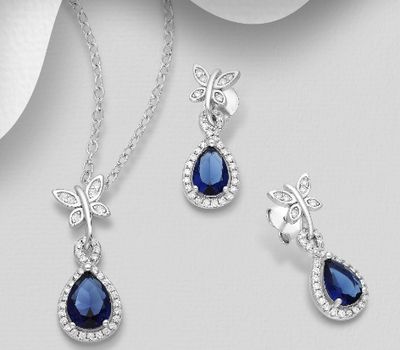 925 Sterling Silver Dragonfly and Droplet Halo Push-Back Earrings and Pendant Jewelry Set, Decorated with CZ Simulated Diamonds
