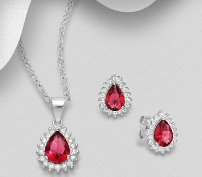 Şəkli böyütmək üçün tiklayın 925 Sterling Silver Droplet Halo Push-Back Earrings and Pendant Jewelry Set, Decorated with CZ Simulated Diamonds