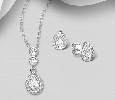 925 Sterling Silver Droplet Halo Push-Back Earrings and Pendant, Decorated with CZ Simulated Diamonds