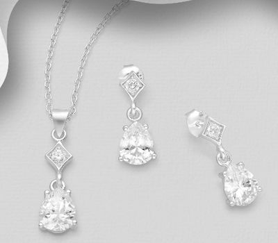 925 Sterling Silver Droplet Push-Back Earrings and Pendant Jewelry Set, Decorated with CZ Simulated Diamonds