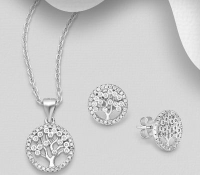 925 Sterling Silver Tree of Life Push-Back Earrings and Pendant Jewelry Set, Decorated with CZ Simulated Diamonds
