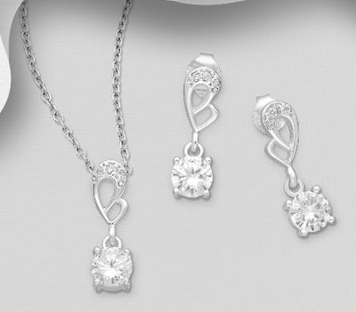 925 Sterling Silver Push-Back Earrings and Pendant Jewelry Set, Decorated with CZ Simulated Diamonds