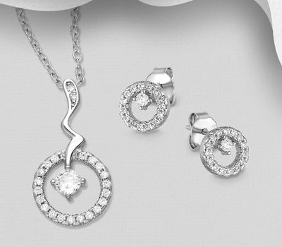 925 Sterling Silver Circle Push-Back Earrings and Pendant Jewelry Set, Decorated with CZ Simulated Diamonds