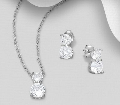 925 Sterling Silver Push-Back Earrings and Pendant Jewelry Set, Decorated CZ Simulated Diamonds