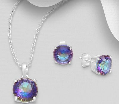 925 Sterling Silver Set of Earrings and Pendant Decorated with CZ Simulated Diamonds