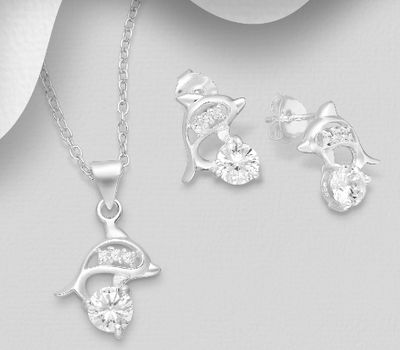 925 Sterling Silver Dolphin Push-Back Earrings and Pendant Jewelry Set, Decorated with CZ Simulated Diamonds