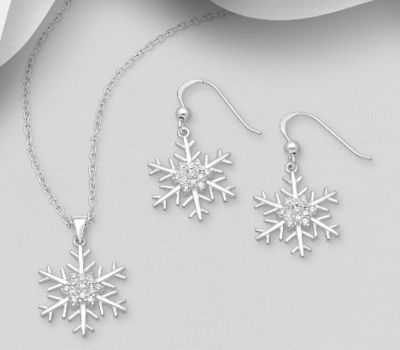 925 Sterling Silver Snowflake Hook Earrings and Pendant Jewelry Set, Decorated with CZ Simulated Diamonds