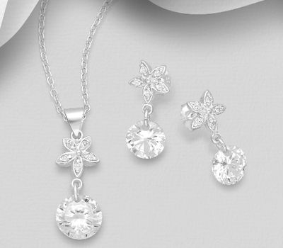 925 Sterling Silver Flower Push-Back Earrings and Pendant Jewelry Set, Decorated with CZ Simulated Diamonds