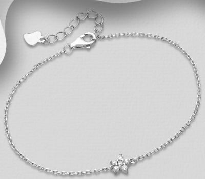 925 Sterling Silver Adjustable Flower Bracelet, Decorated with CZ Simulated Diamonds