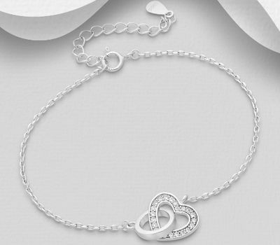 925 Sterling Silver Heart Links Bracelet Decorated with CZ Simulated Diamonds