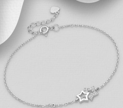 925 Sterling Silver Star Bracelet Decorated with CZ Simulated Diamonds