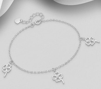 925 Sterling Silver Dangle Clover Bracelet Decorated with CZ Simulated Diamonds