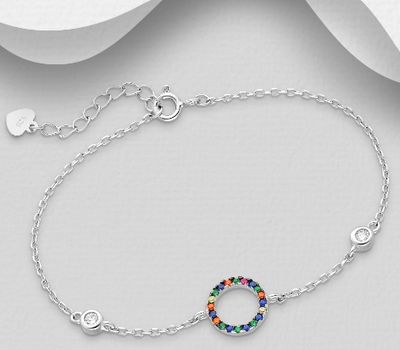 925 Sterling Silver Circle Bracelet, Decorated with CZ Simulated Diamonds, CZ Simulated Diamond Colors may Vary.