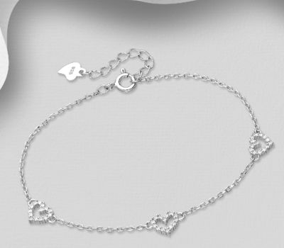 Malın səhifəsinə keç 925 Sterling Silver Heart Bracelet, Decorated with CZ Simulated Diamonds