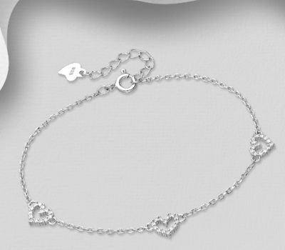 925 Sterling Silver Heart Bracelet, Decorated with CZ Simulated Diamonds