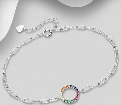 925 Sterling Silver Adjustable Circle of Life Bracelet, Featuring Heart Tag, Decorated with Colorful CZ Simulated Diamonds