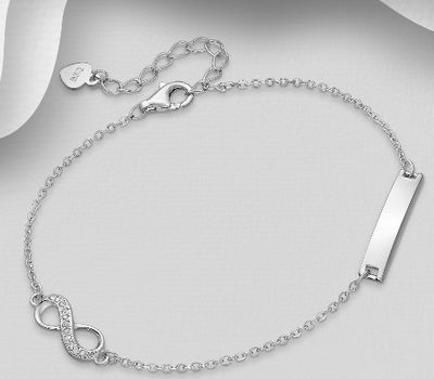 925 Sterling Silver Infinity and Engravable Tag Bracelet, Decorated with CZ Simulated Diamonds