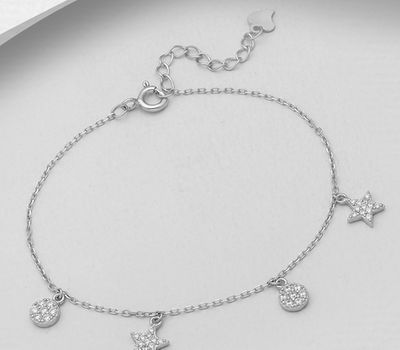 Şəkli böyütmək üçün tiklayın 925 Sterling Silver Dangle Bracelet Featuring Circle and Star Charms Decorated with CZ Simulated Diamonds