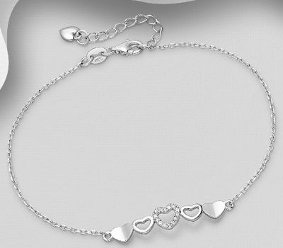 925 Sterling Silver Heart Bracelet Decorated with CZ Simulated Diamonds