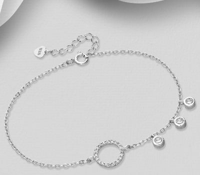 925 Sterling Silver Adjustable Circle Bracelet, Decorated with CZ Simulated Diamonds