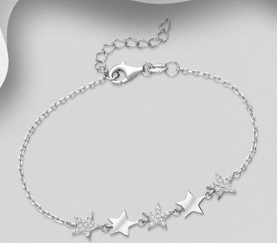 925 Sterling Silver Star Bracelet, Decorated with CZ Simulated Diamonds