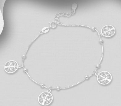 925 Sterling Silver Dangle Bracelet Featuring Tree of Life Charms Decorated with CZ Simulated Diamonds