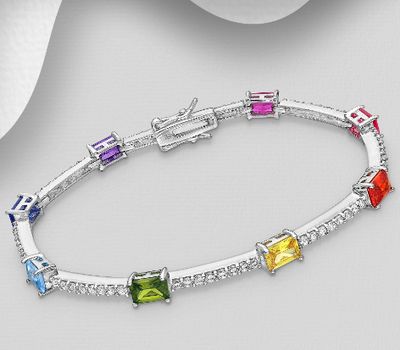 925 Sterling Silver Bracelet Decorated with Colorful CZ Simulated Diamonds, CZ Simulated Diamond Colors may Vary.