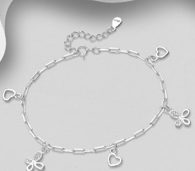 925 Sterling Silver Bracelet Featuring Butterfly and Heart, Decorated with CZ Simulated Diamonds