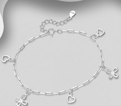 Şəkli böyütmək üçün tiklayın 925 Sterling Silver Bracelet Featuring Butterfly and Heart, Decorated with CZ Simulated Diamonds