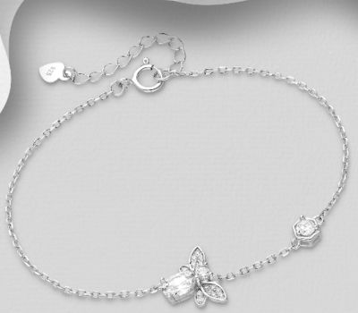 Şəkli böyütmək üçün tiklayın 925 Sterling Silver Bee Bracelet, Decorated with CZ Simulated Diamonds