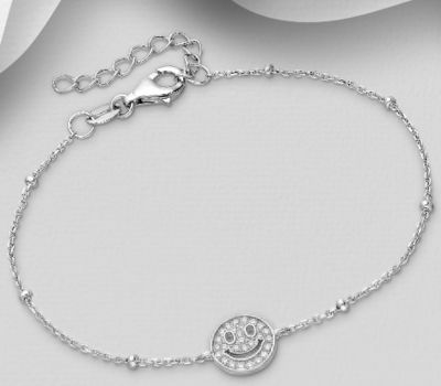 925 Sterling Silver Smiley Face Bracelet, Decorated with CZ Simulated Diamonds