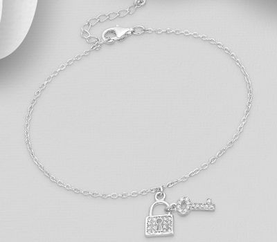 925 Sterling Silver Key and Lock Bracelet, Decorated with CZ Simulated Diamonds