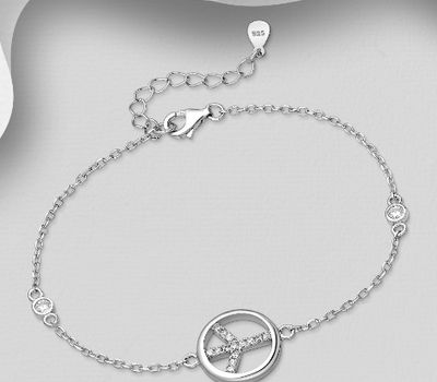 925 Sterling Silver Peace Symbol Bracelet, Decorated with CZ Simulated Diamonds