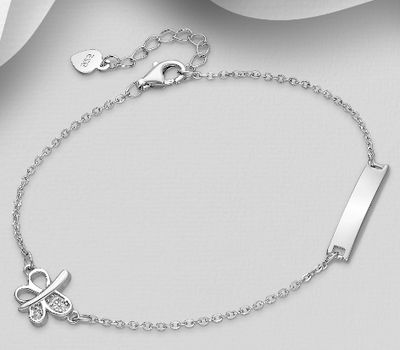 925 Sterling Silver Dragonfly and Engravable Tag Bracelet, Decorated with CZ Simulated Diamonds